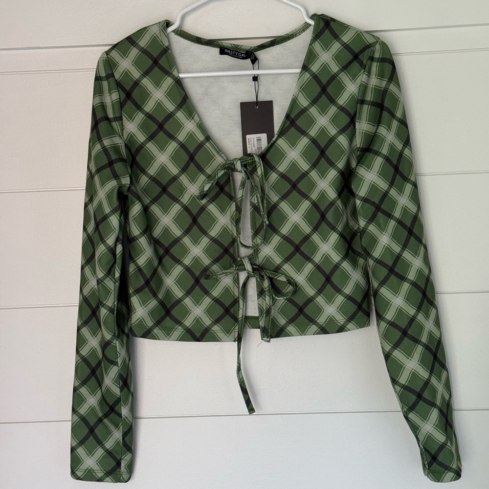 Nasty Gal Green Plaid Tie-Front Blouse, Women’s 8